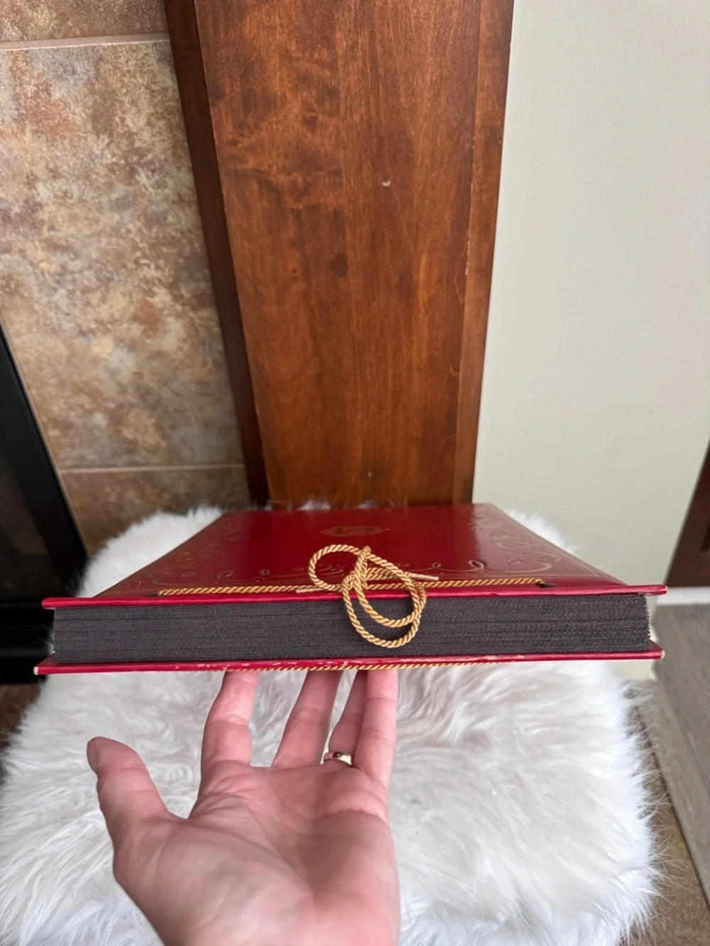 Vintage red scrapbook gold embossed scrollwork royal crest regal unused 15x10”